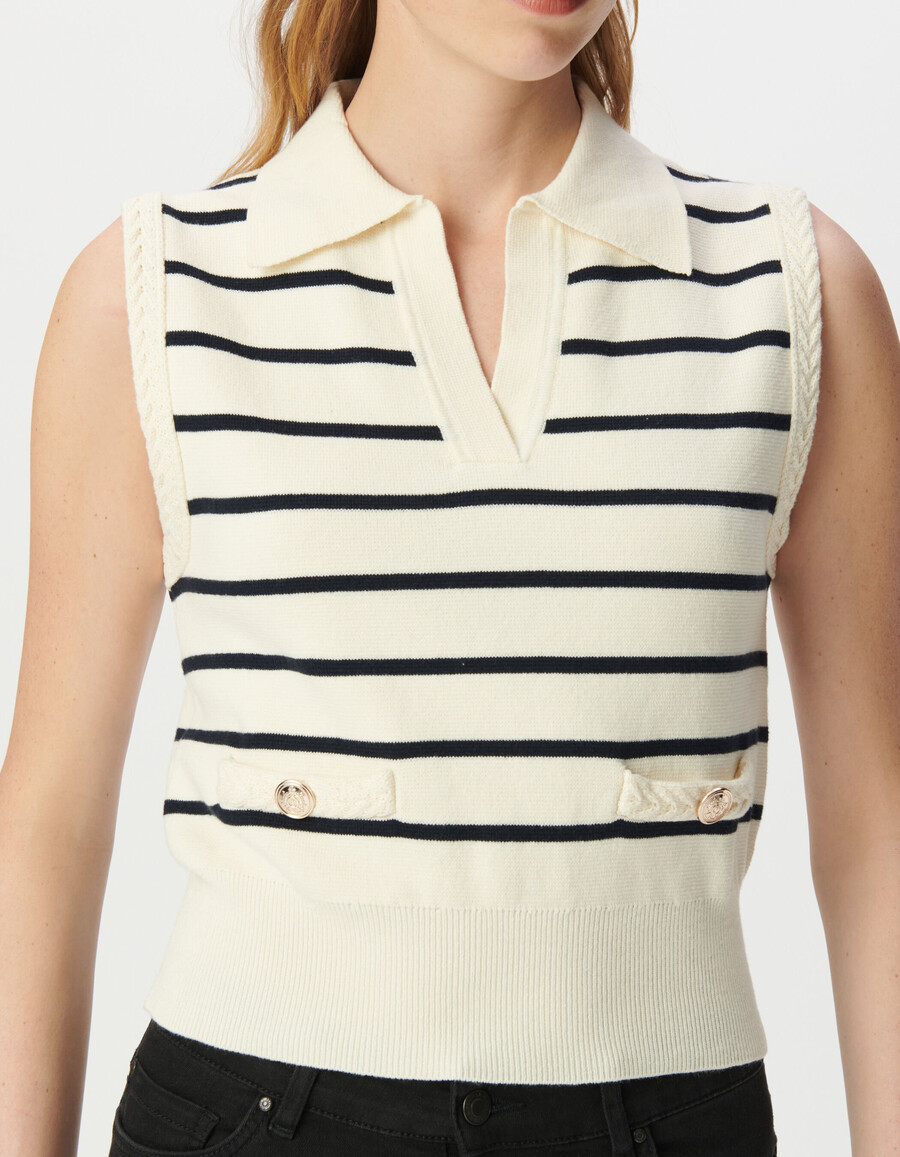 suéter tipo polo de punto blanco para mujer con rayas marineras azul marino