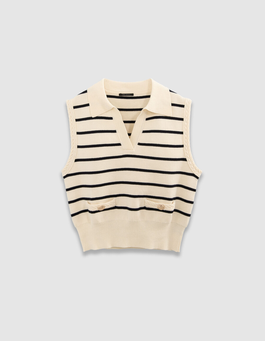 suéter tipo polo de punto blanco para mujer con rayas marineras azul marino