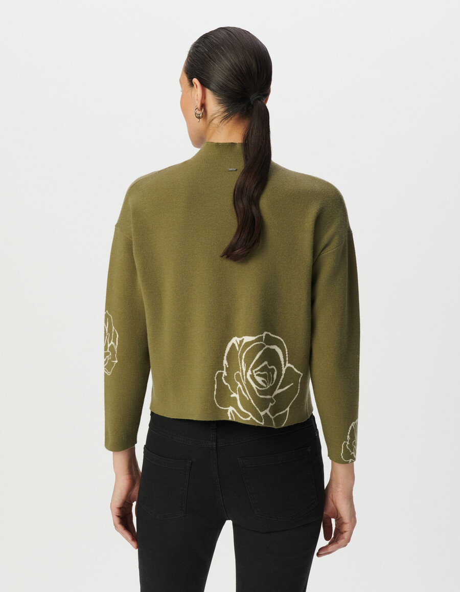 suéter de cuello alto de punto jacquard con rosas verdes para mujer