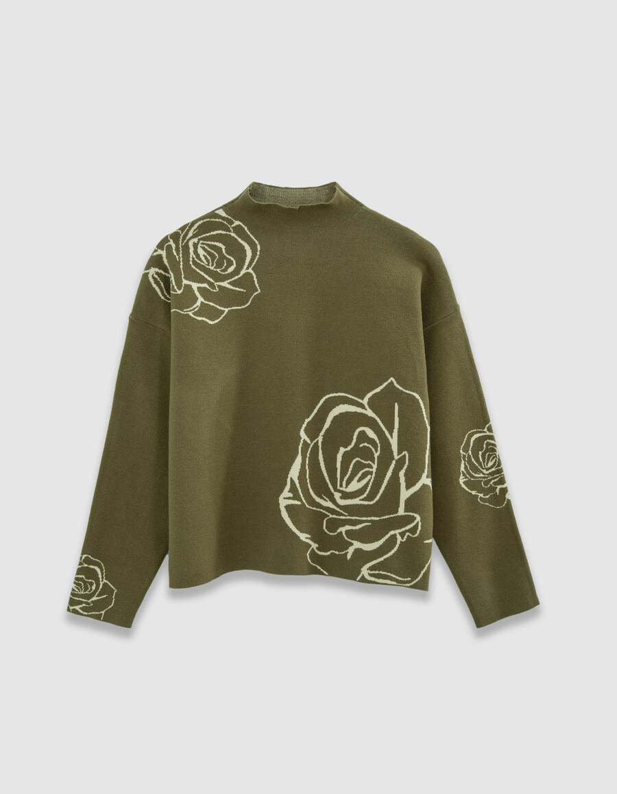 suéter de cuello alto de punto jacquard con rosas verdes para mujer