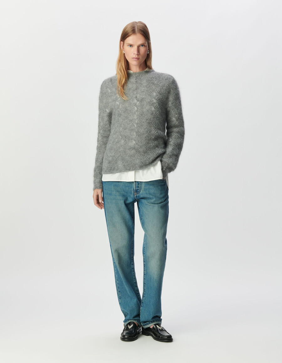 suéter de punto trenzado decorativo de mezcla de mohair gris para mujer