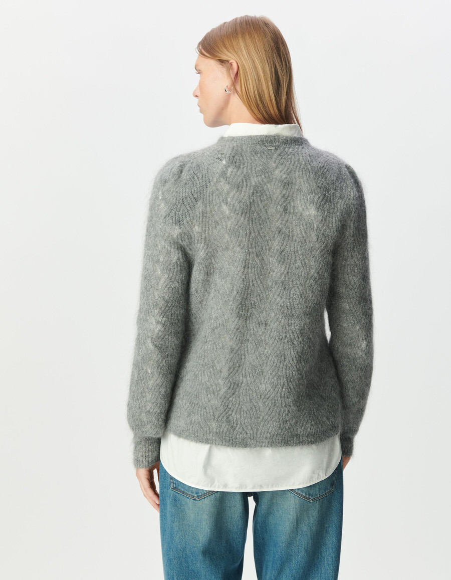 suéter de punto trenzado decorativo de mezcla de mohair gris para mujer