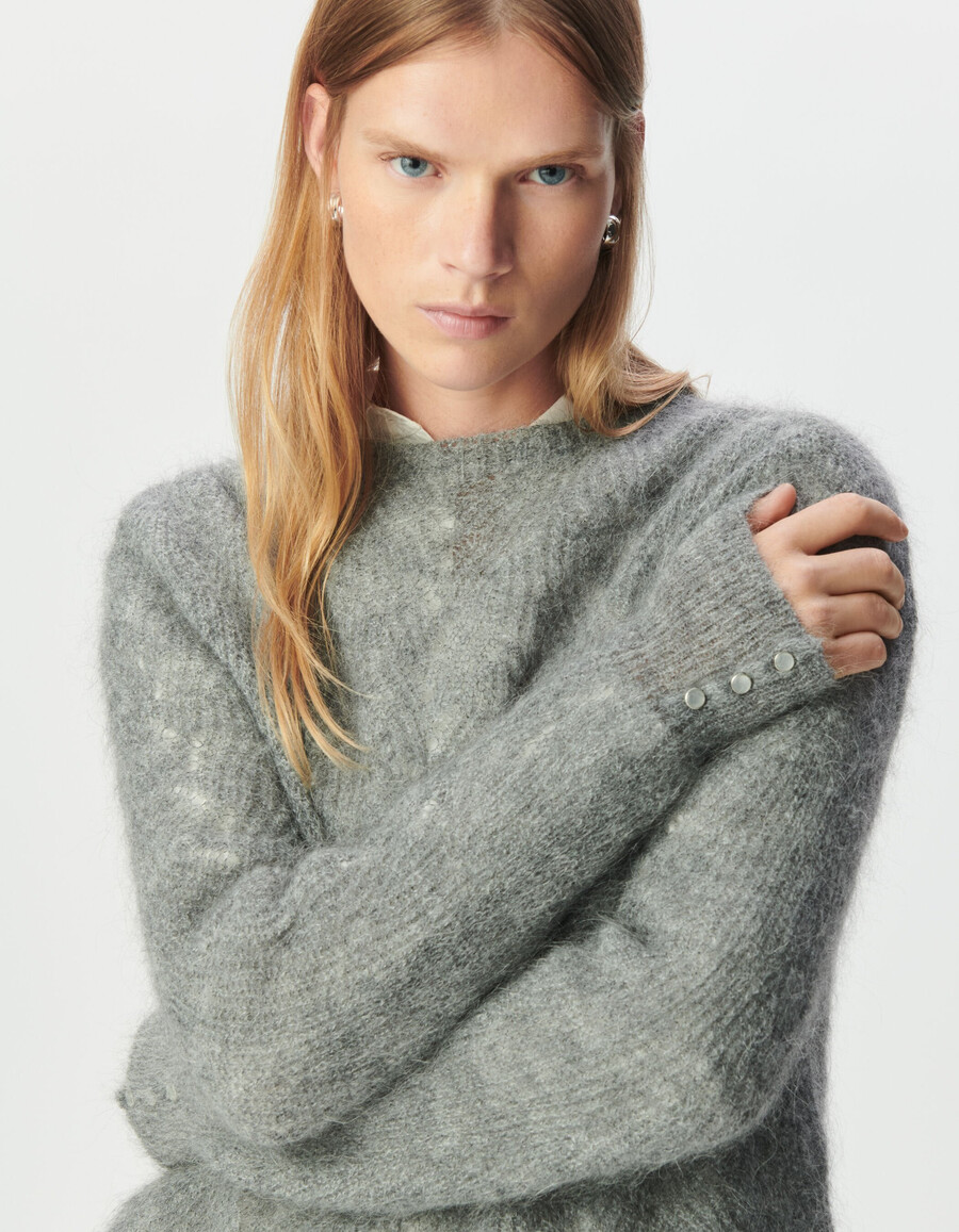 suéter de punto trenzado decorativo de mezcla de mohair gris para mujer