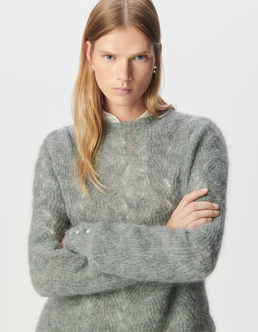 suéter de punto trenzado decorativo de mezcla de mohair gris para mujer