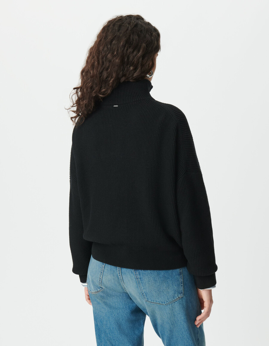 suéter de punto acanalado negro con cuello con cremallera para mujer