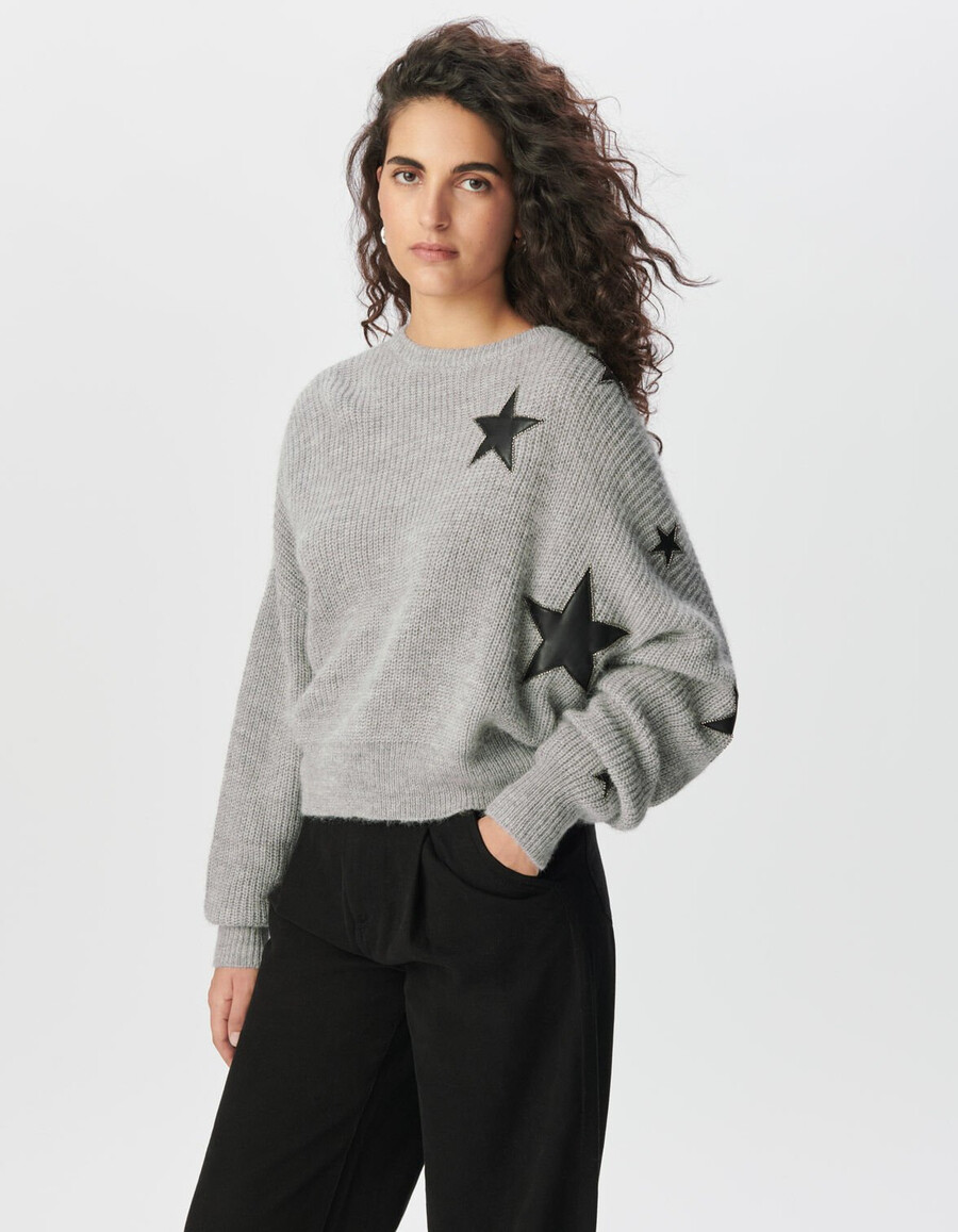 suéter de punto gris para mujer con recortes de estrellas de rock y cuentas