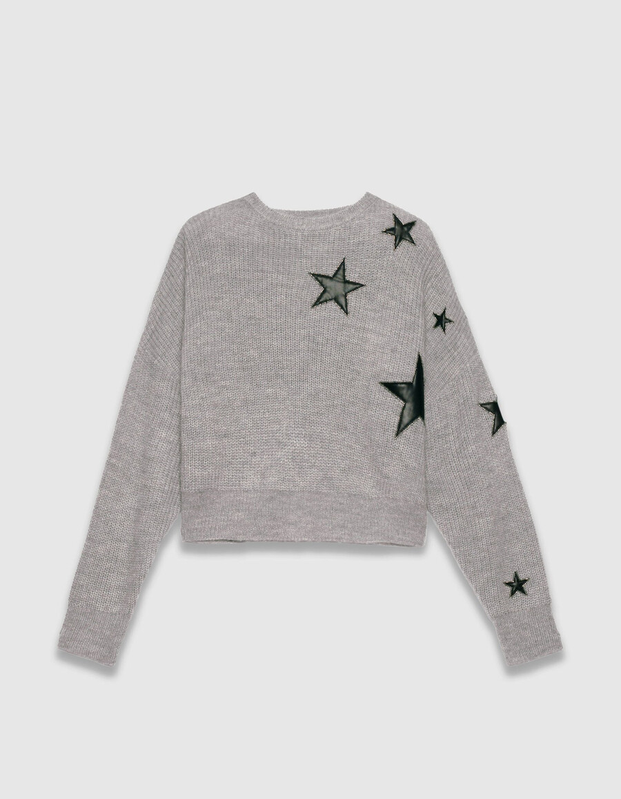 suéter de punto gris para mujer con recortes de estrellas de rock y cuentas