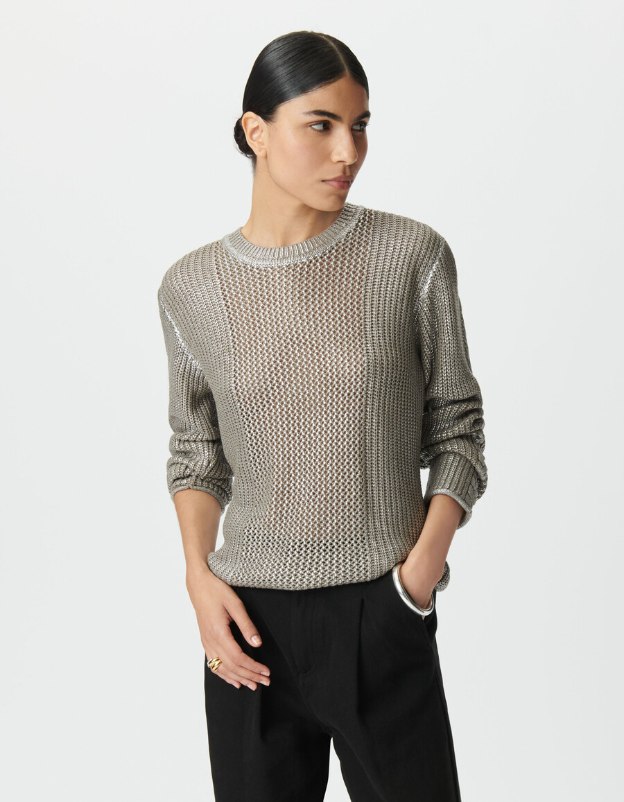 suéter de punto decorativo plateado beige para mujer