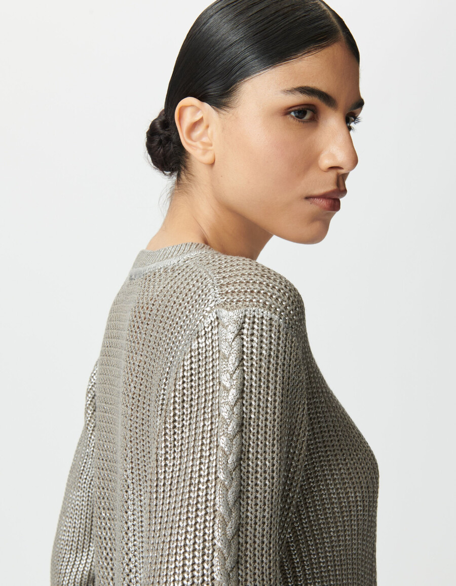 suéter de punto decorativo plateado beige para mujer