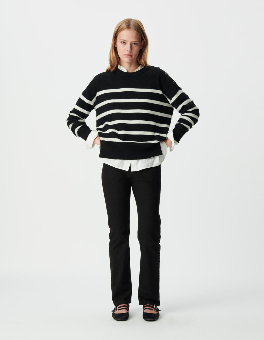 suéter marinero de lana pura color crudo negro para mujer botones