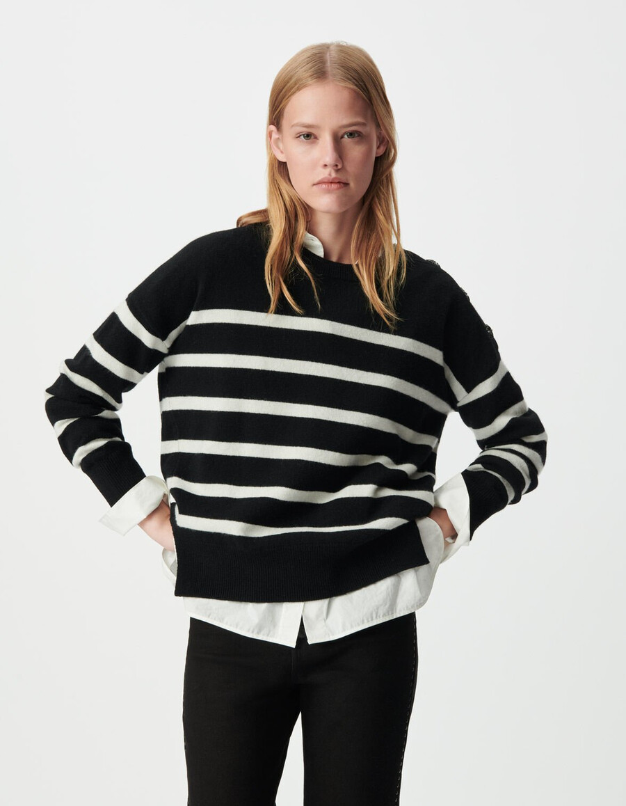 suéter marinero de lana pura color crudo negro para mujer botones