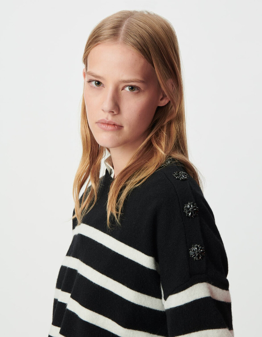 suéter marinero de lana pura color crudo negro para mujer botones