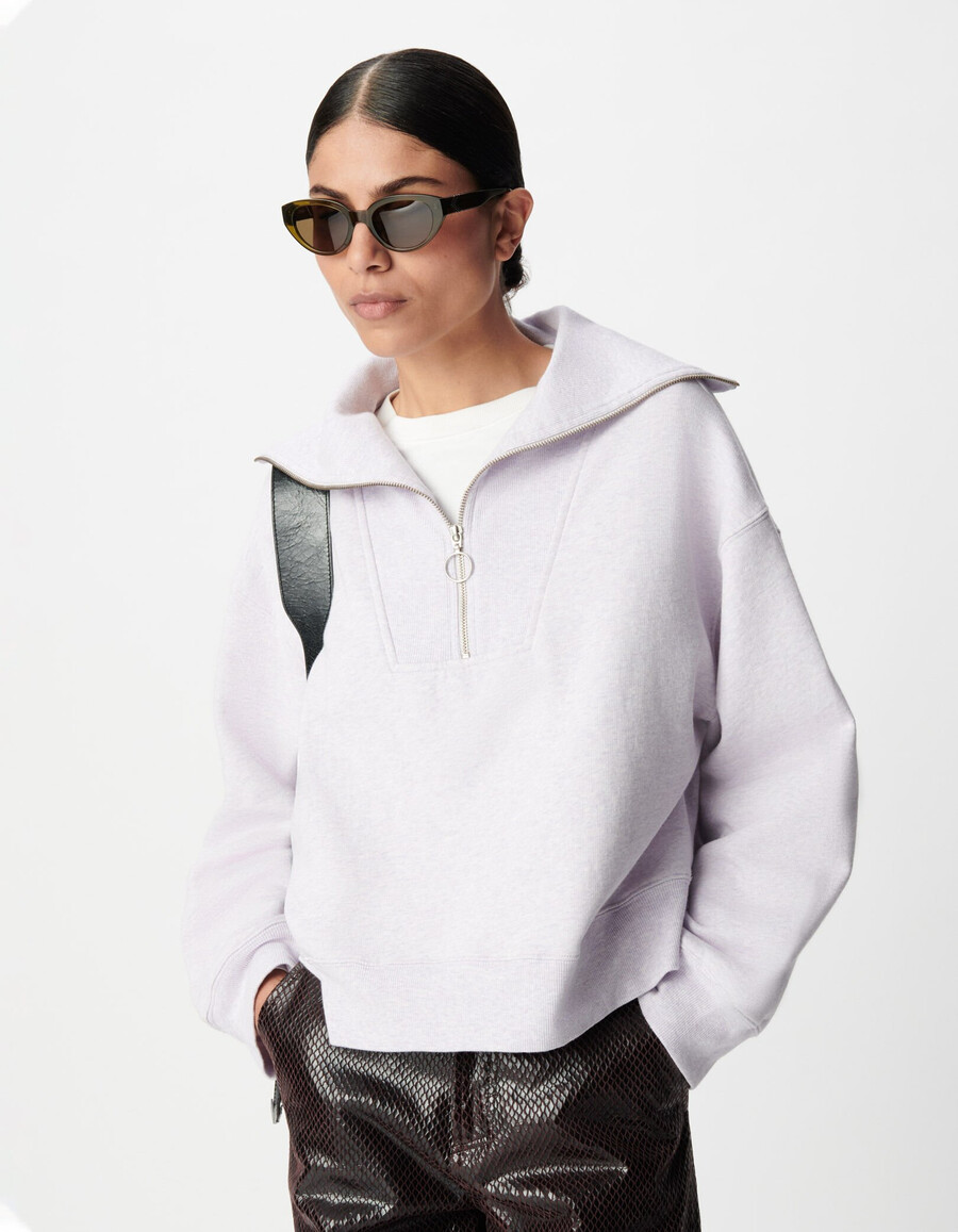 sudadera con cuello camionero color lila para mujer