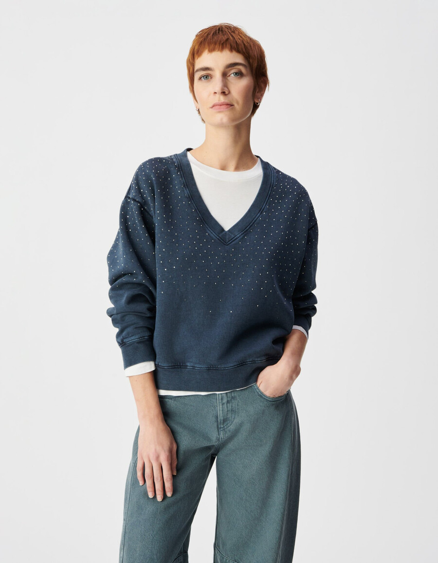 suéter de algodón orgánico azul marino con cuello en v y diamantes de imitación para mujer