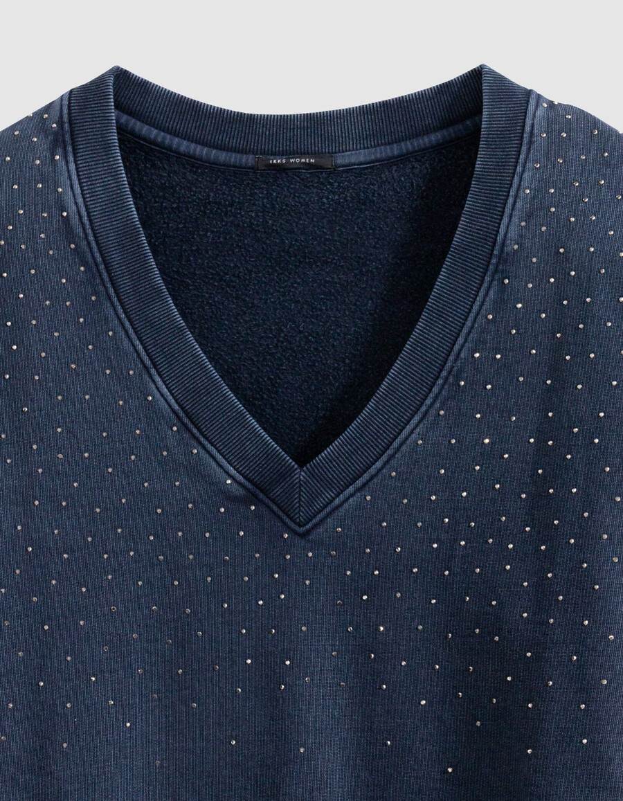 suéter de algodón orgánico azul marino con cuello en v y diamantes de imitación para mujer