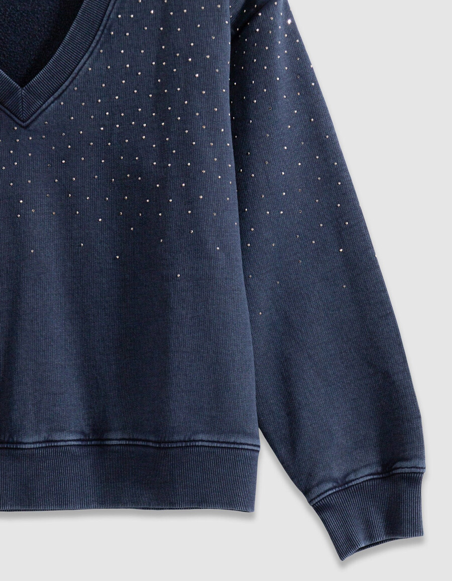 suéter de algodón orgánico azul marino con cuello en v y diamantes de imitación para mujer
