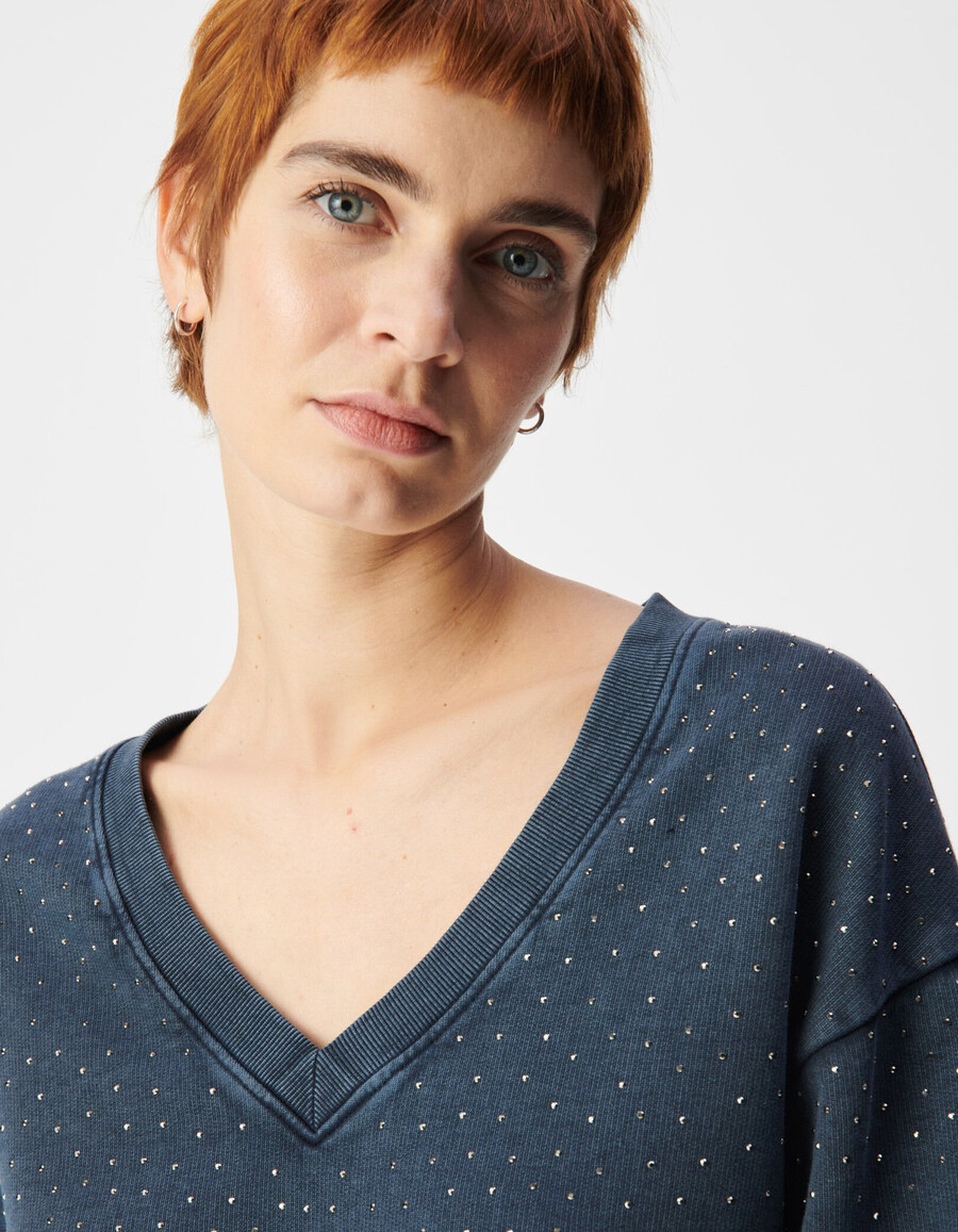 suéter de algodón orgánico azul marino con cuello en v y diamantes de imitación para mujer