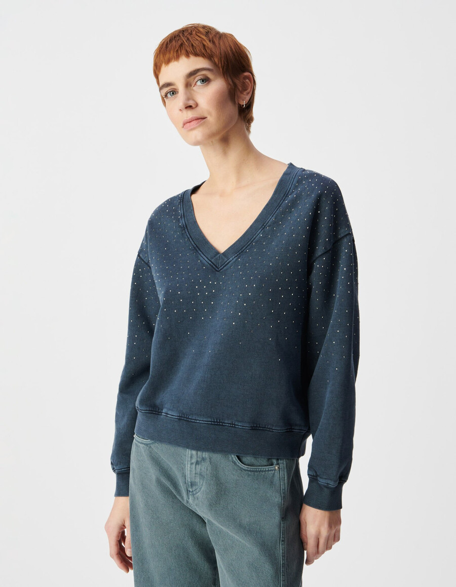 suéter de algodón orgánico azul marino con cuello en v y diamantes de imitación para mujer