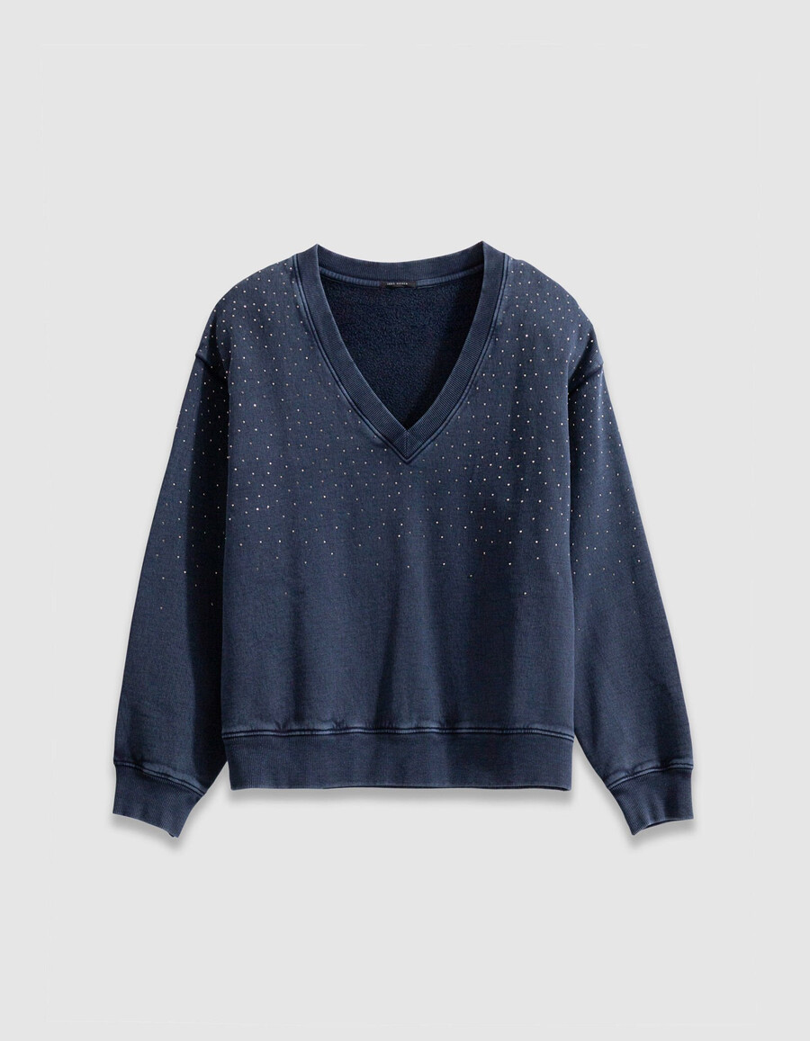 suéter de algodón orgánico azul marino con cuello en v y diamantes de imitación para mujer