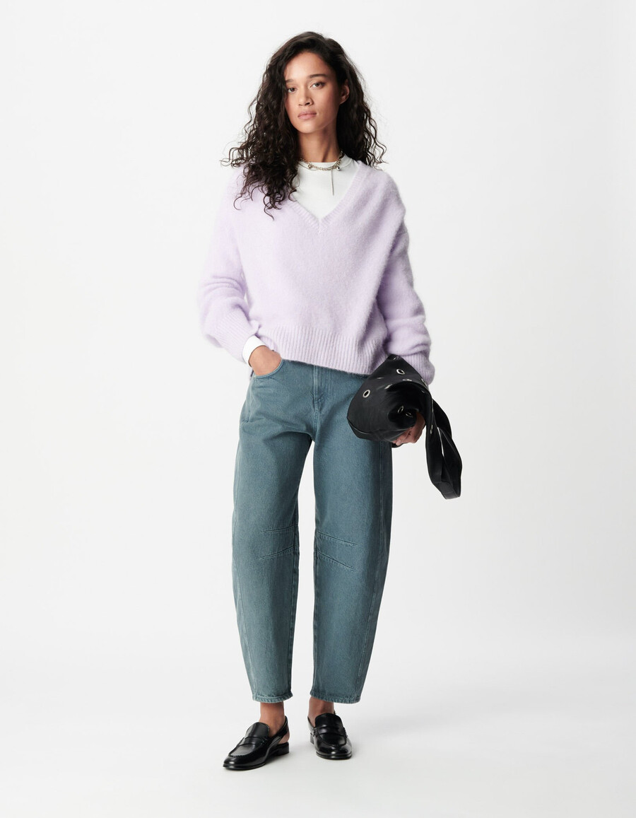 suéter de cuello en v oversize lila para mujer