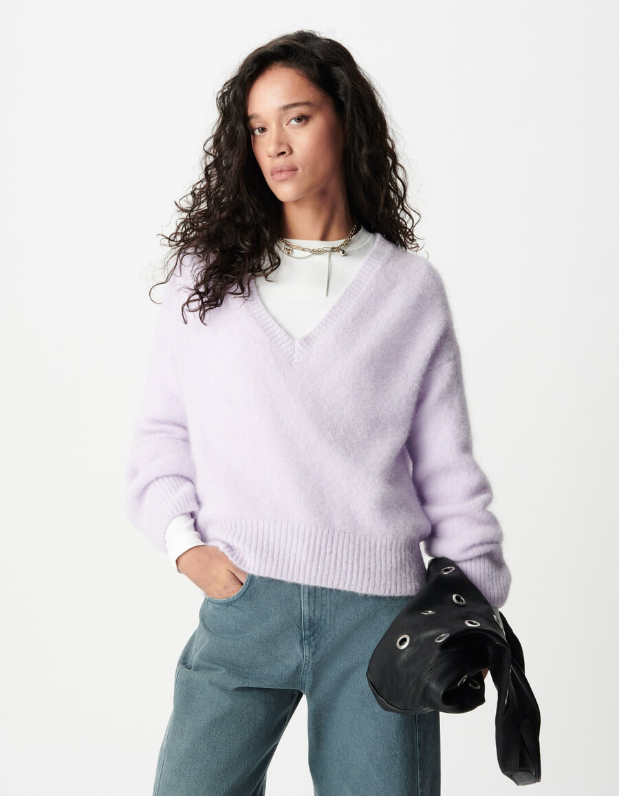 suéter de cuello en v oversize lila para mujer