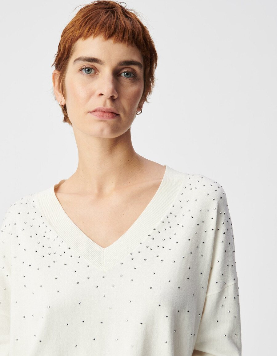 suéter blanco de punto con cuello en v y tachuelas para mujer
