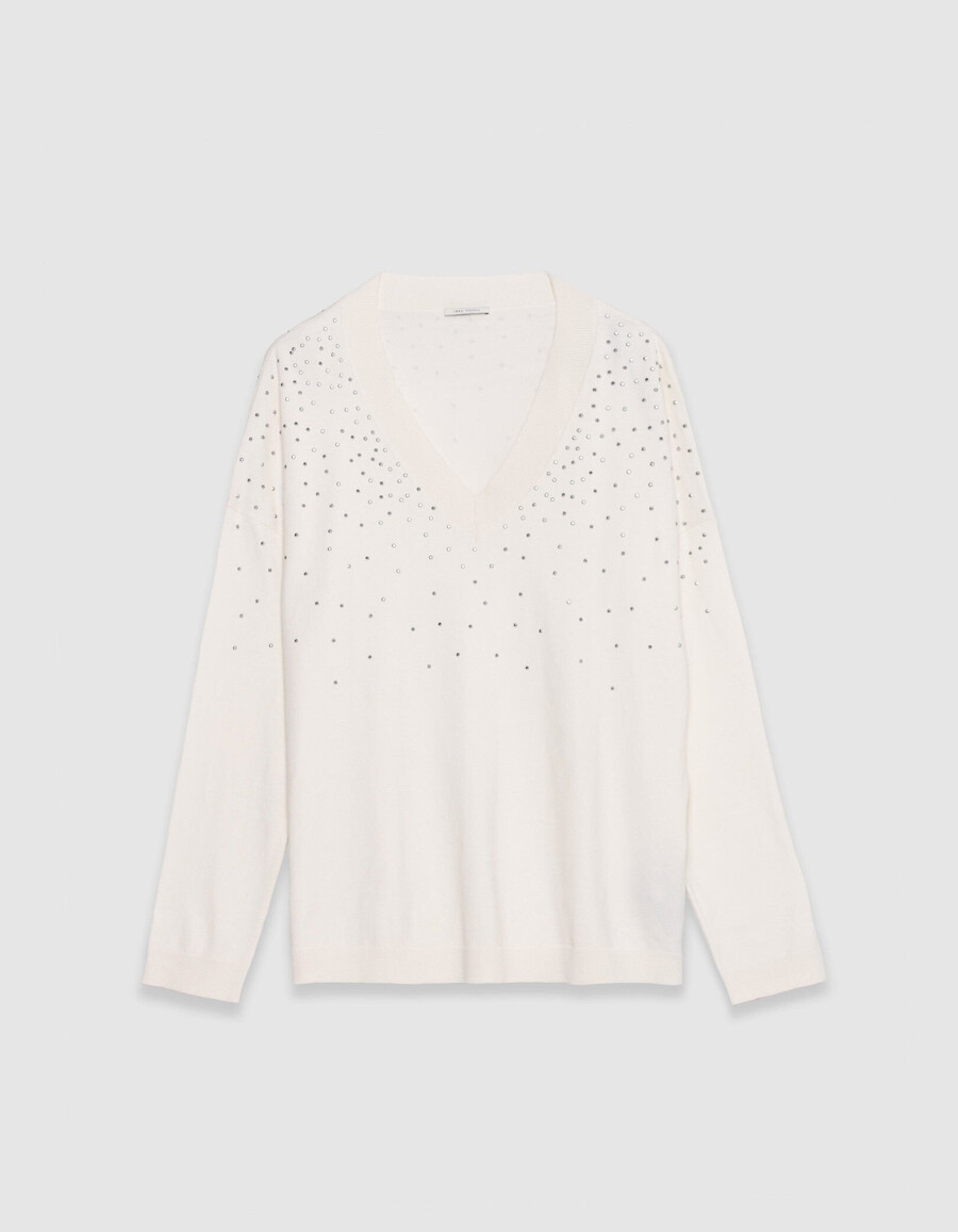 suéter blanco de punto con cuello en v y tachuelas para mujer
