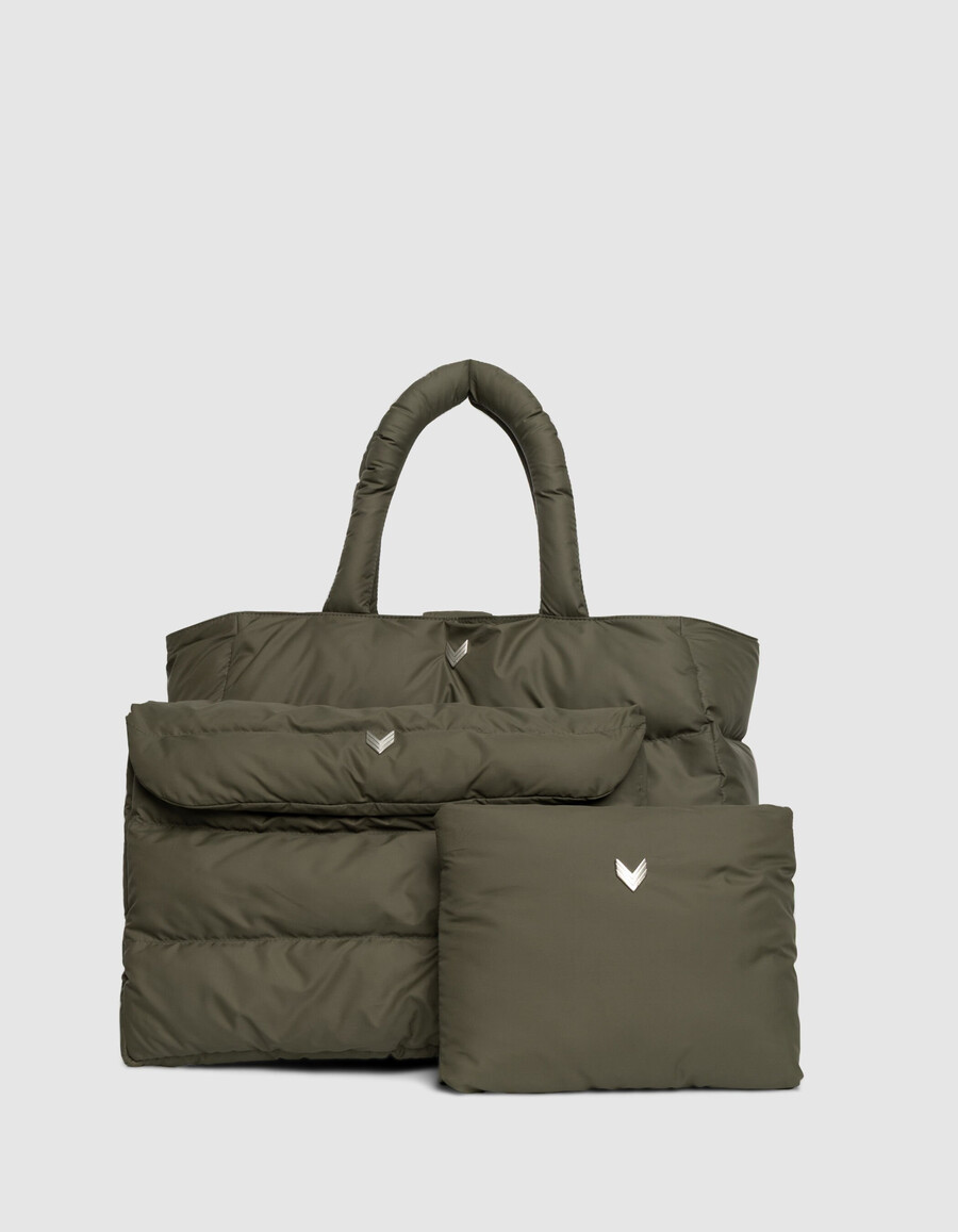 bolso tote de nailon acolchado color caqui para mujer
