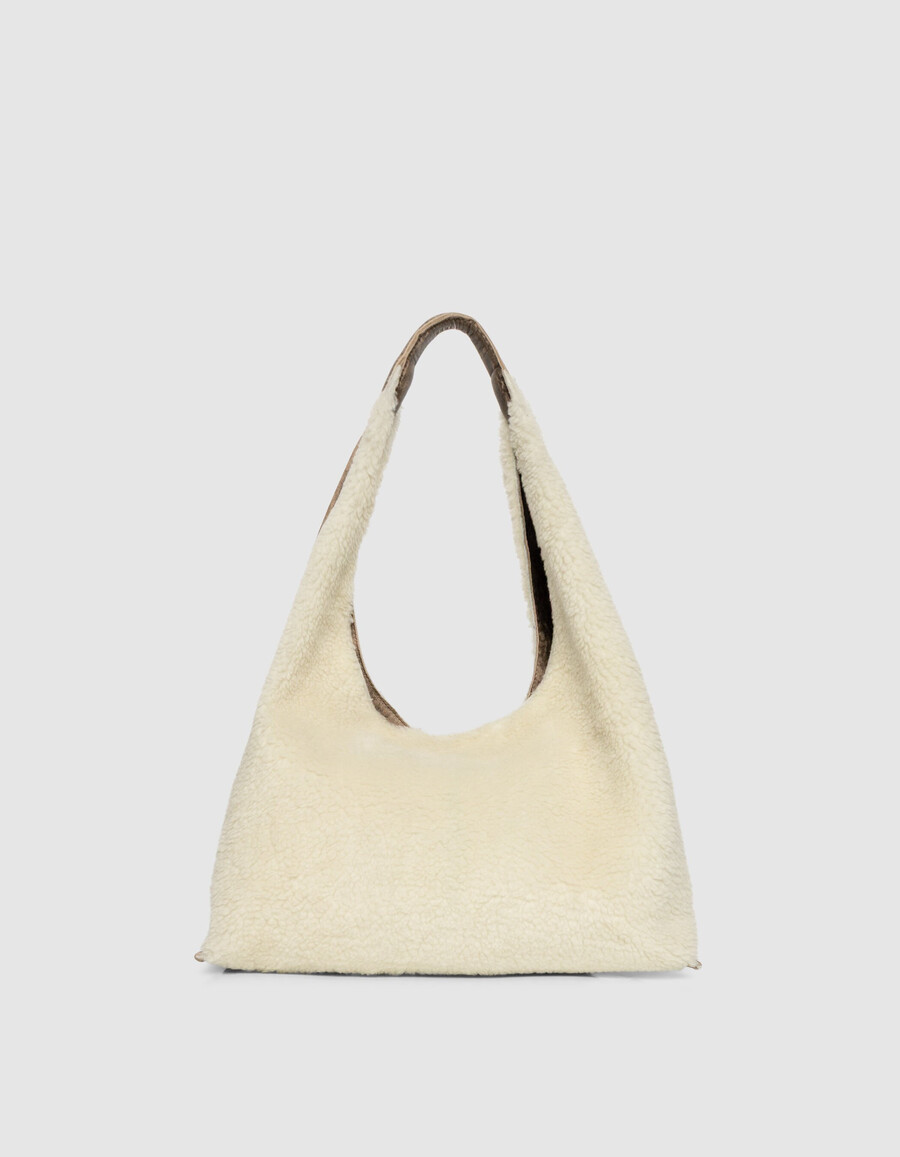 bolso hobo para mujer en mezcla de piel y borrego blanco roto