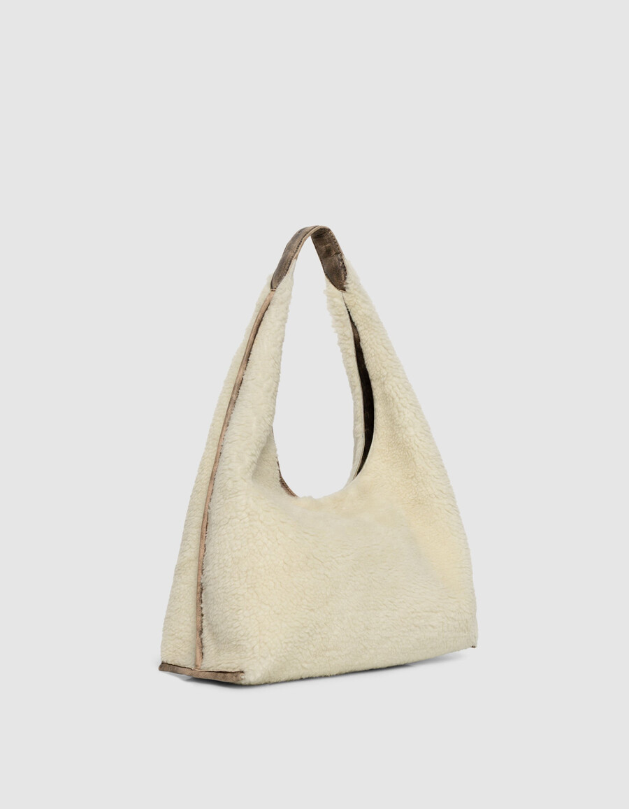 bolso hobo para mujer en mezcla de piel y borrego blanco roto