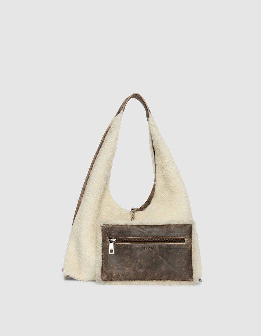 bolso hobo para mujer en mezcla de piel y borrego blanco roto
