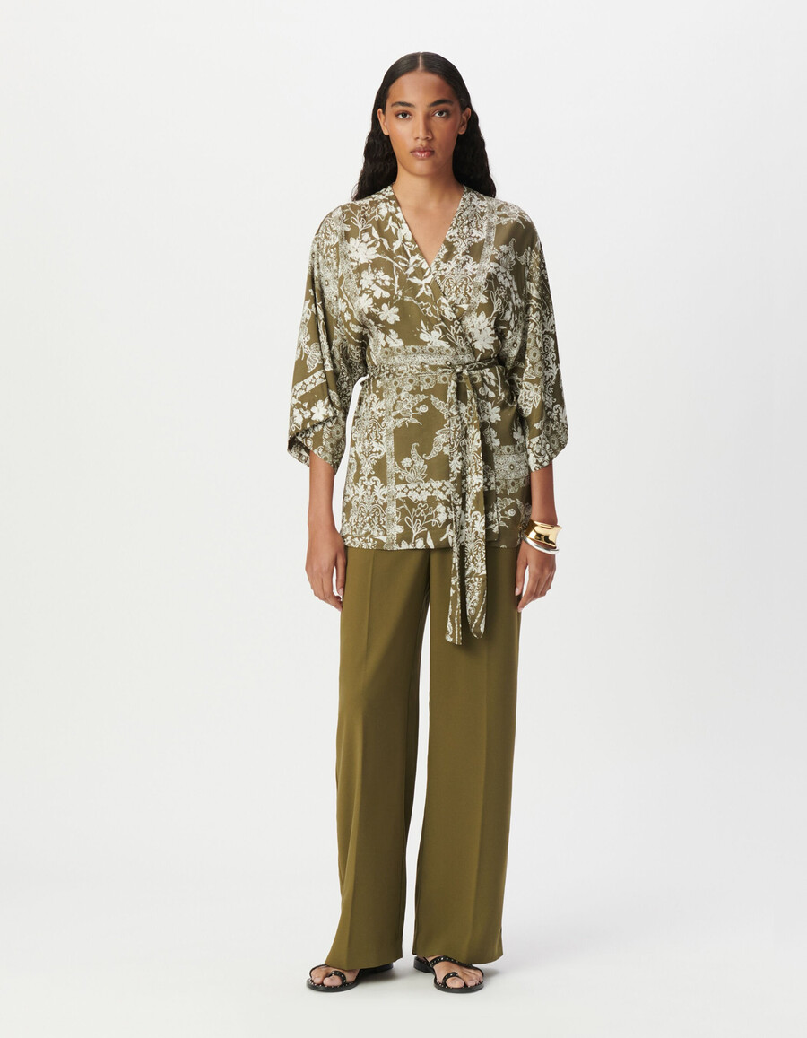 camisa kimono caqui para mujer con estampado de bufanda