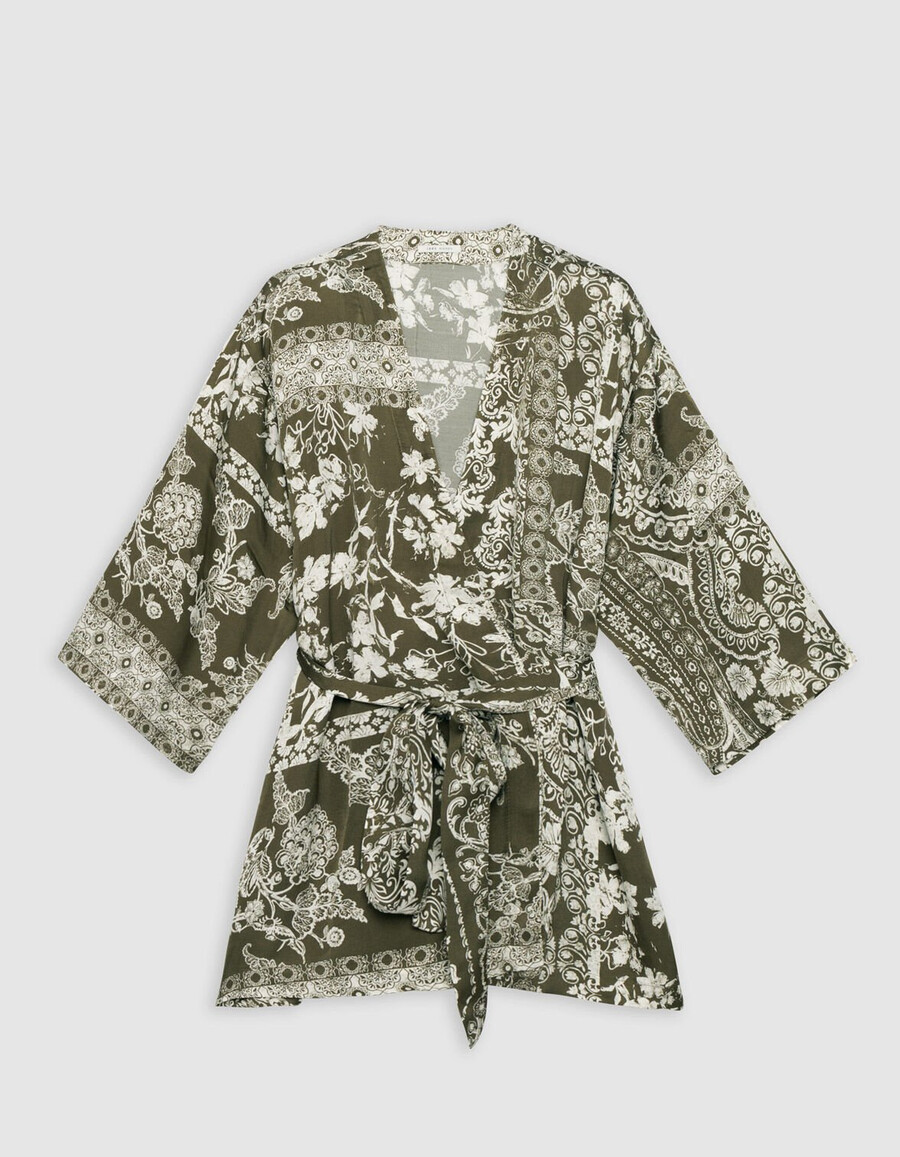 camisa kimono caqui para mujer con estampado de bufanda