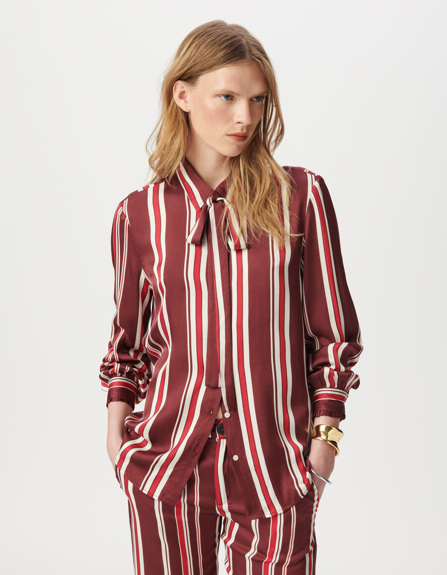 camisa de rayas burdeos con lazo para mujer
