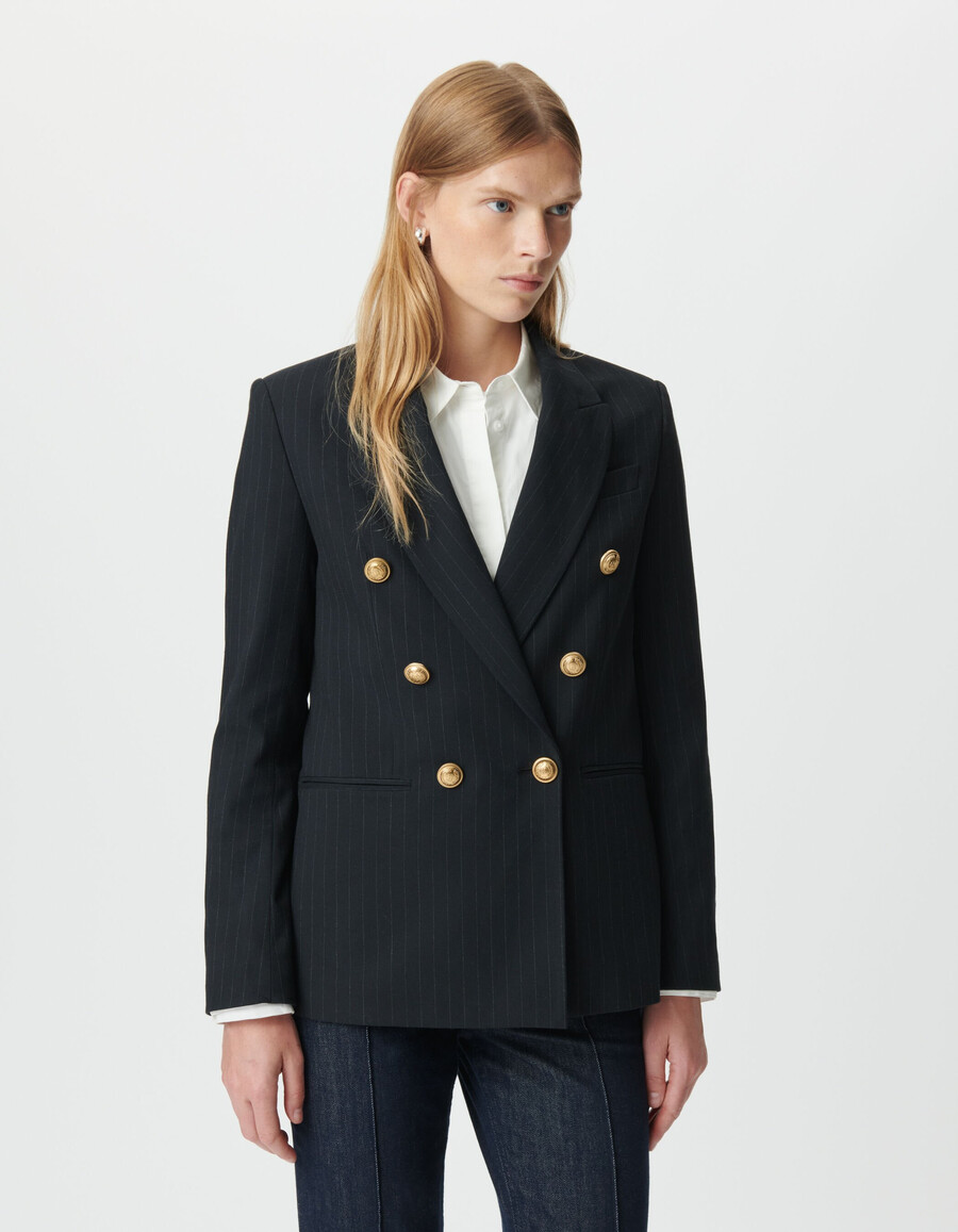 chaqueta de traje de corte ancho con raya diplomática azul marino para mujer