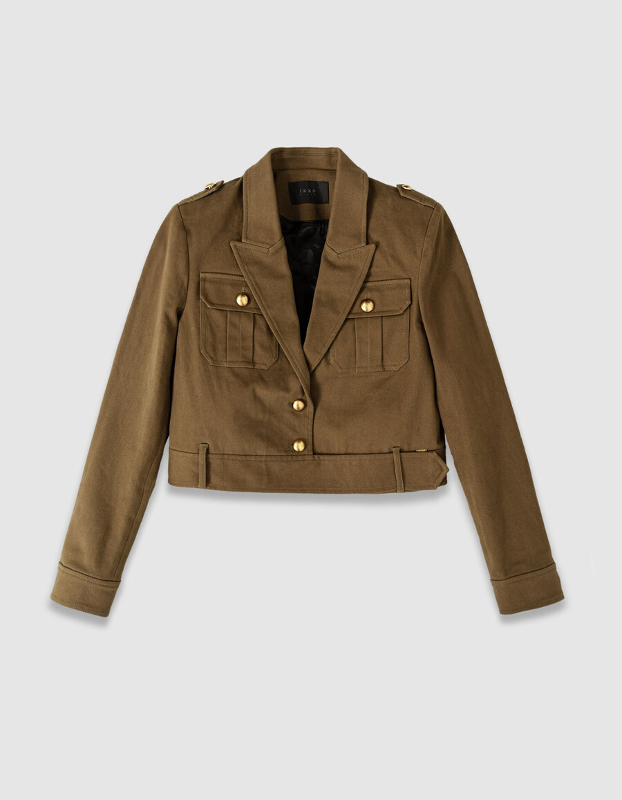 chaqueta corta de gabardina caqui para mujer