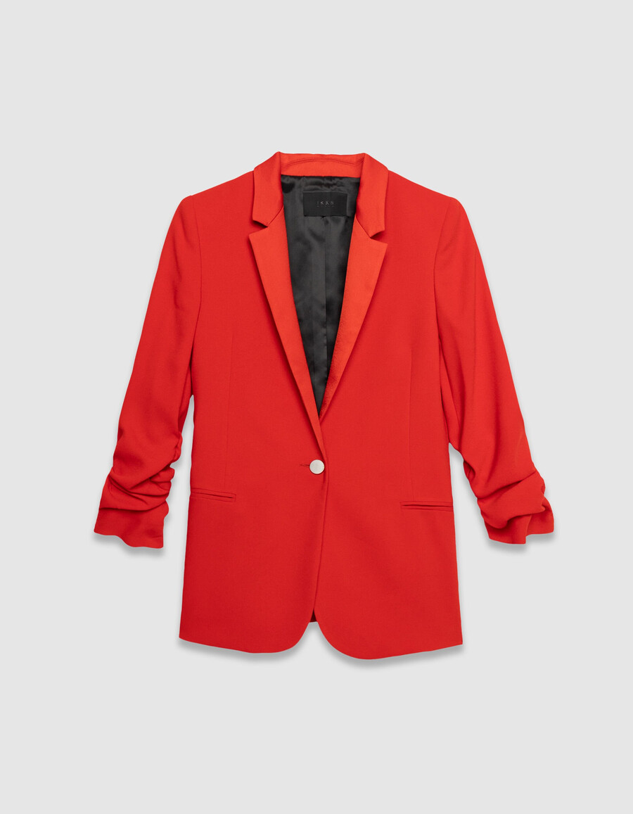chaqueta de traje roja para mujer con mangas fruncidas