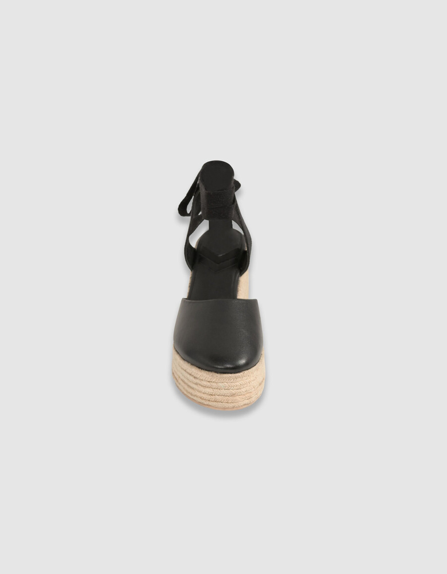 alpargatas de plataforma con cordones de cuero negro para mujer