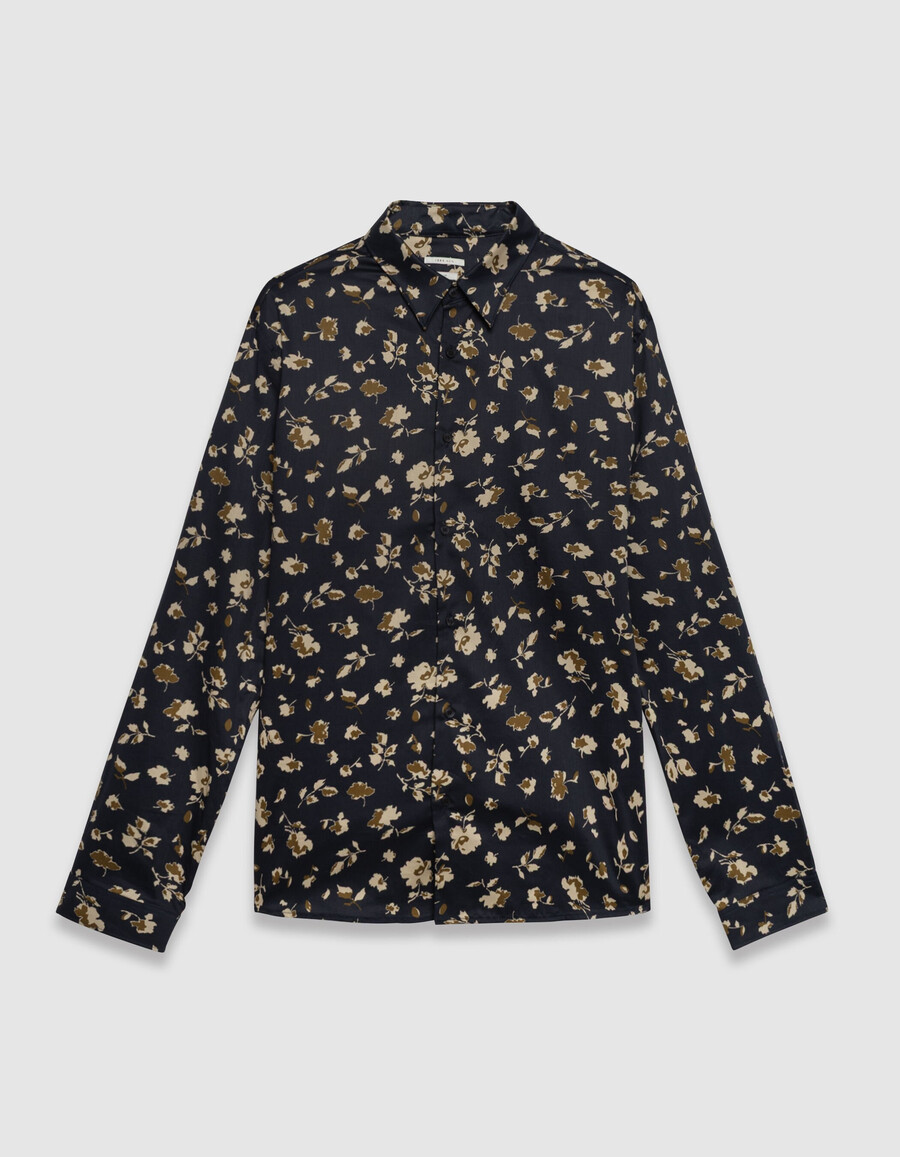 camisa ajustada de algodón orgánico azul marino con flores beige para hombre