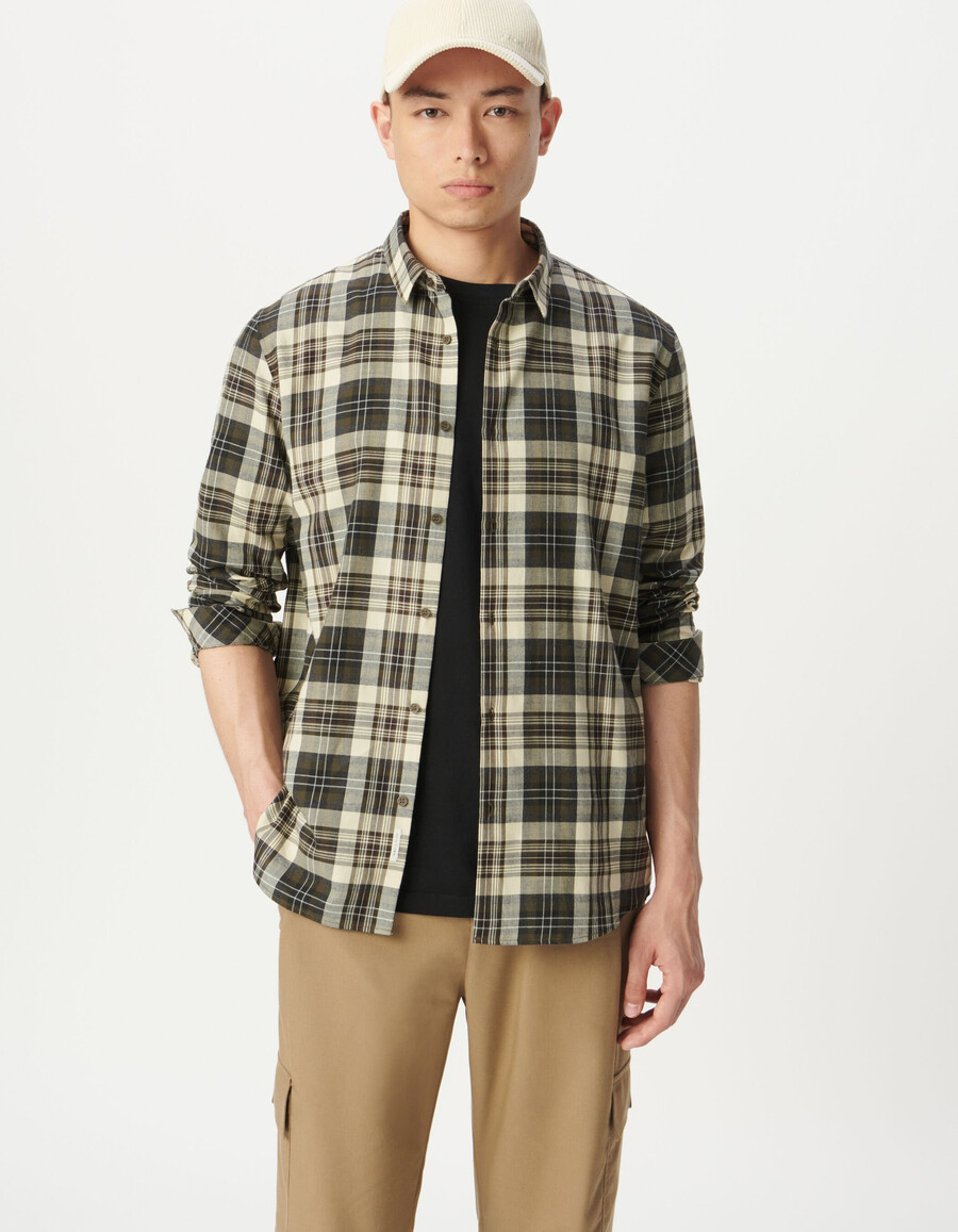 camisa de algodón a cuadros color caqui para hombre