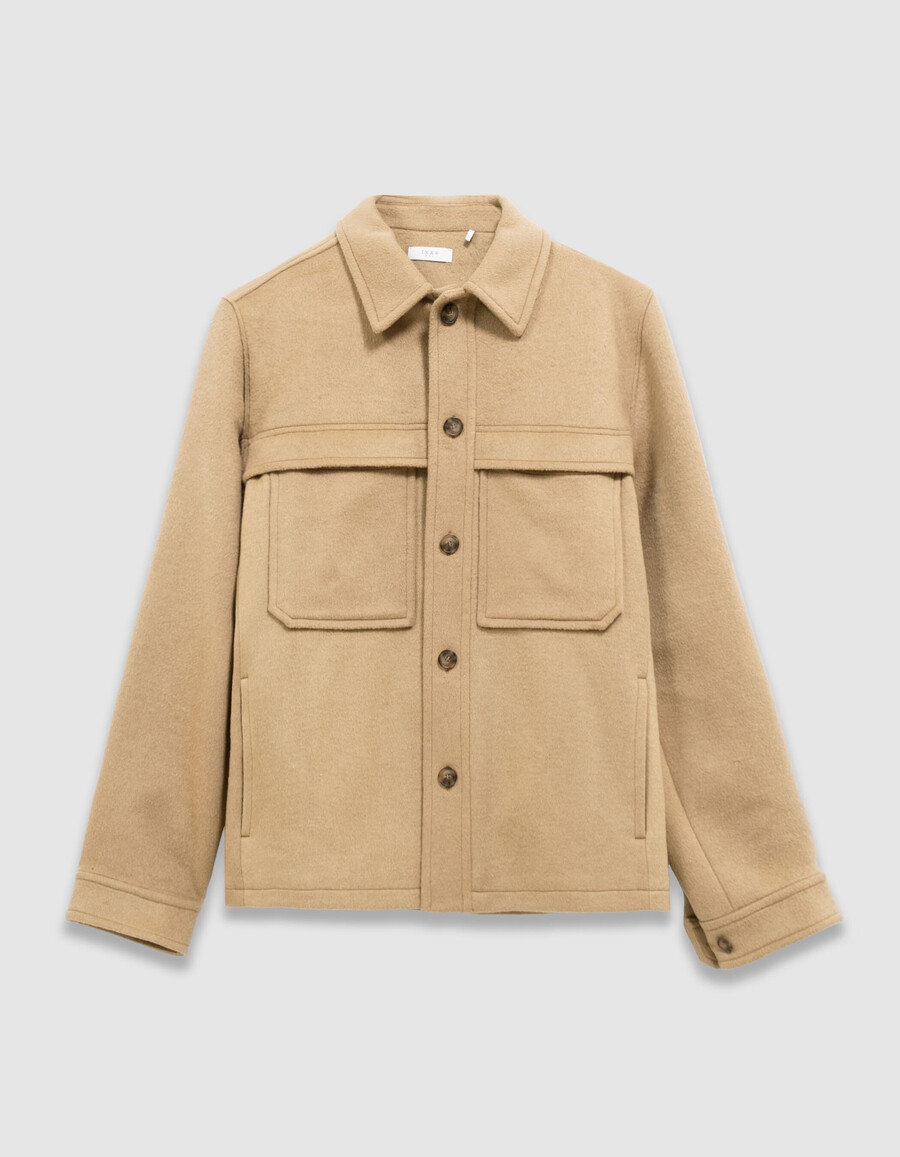camisa multibolsillos de lana beige para hombre