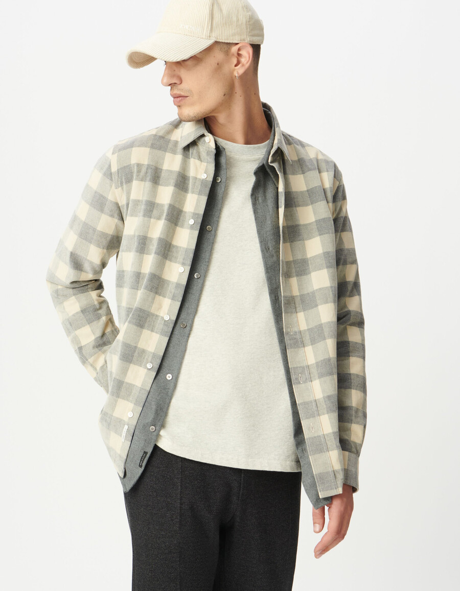 camisa de terciopelo a cuadros de algodón orgánico beige para hombre