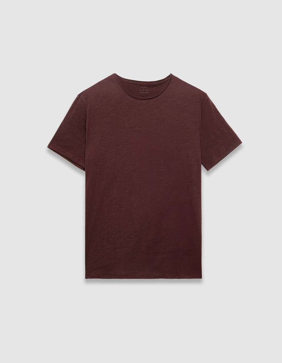 camiseta de cuello redondo de algodón orgánico flameado color ciruela para hombre