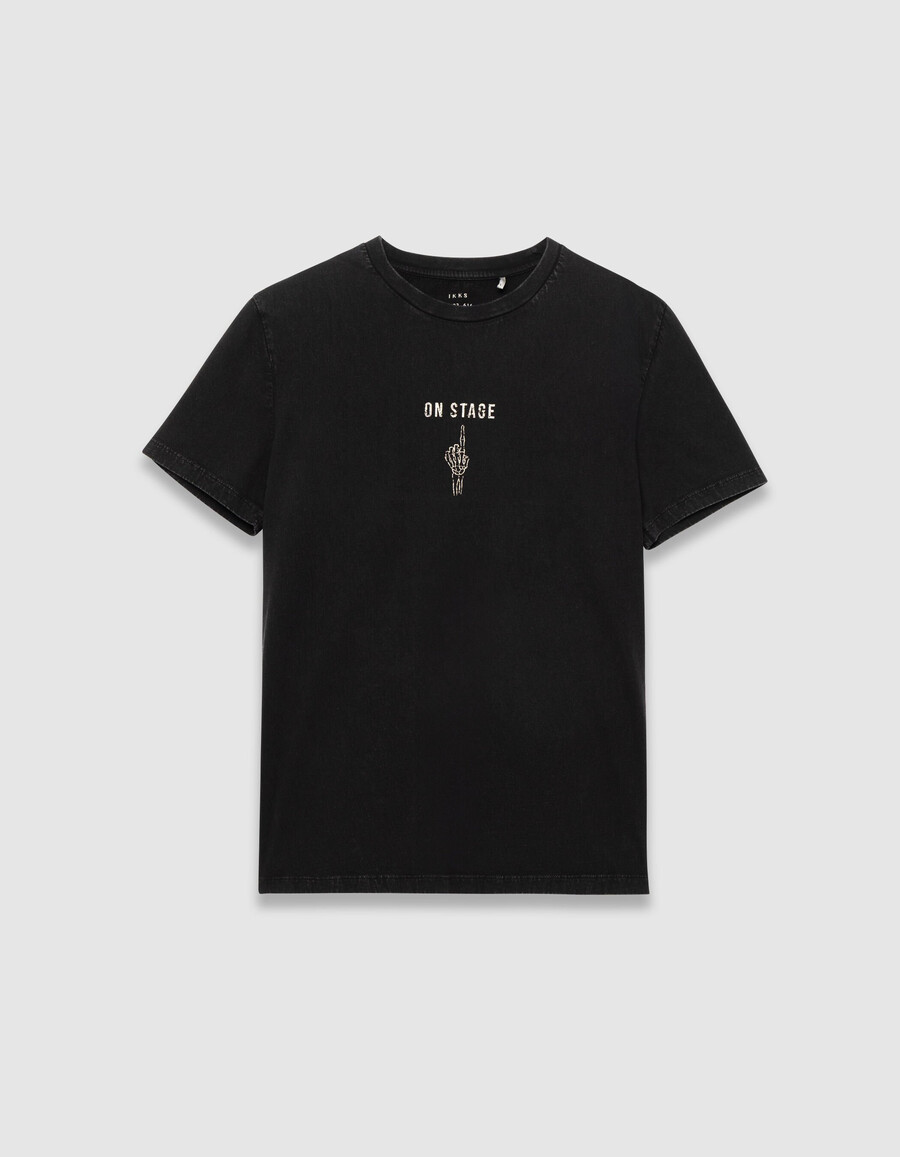 camiseta negra de manga corta para hombre con imagen de mano