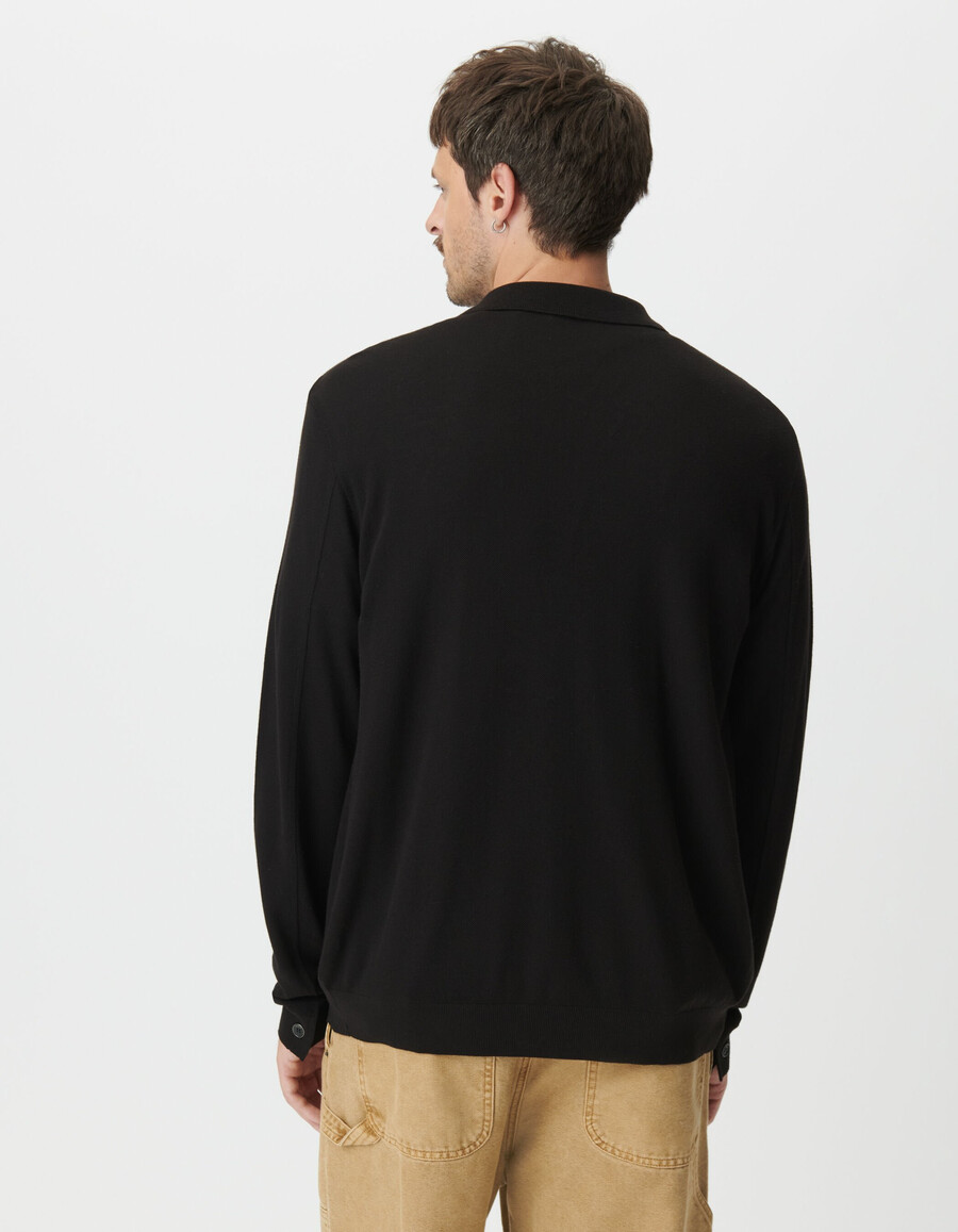 polo de manga larga de punto piqué negro para hombre