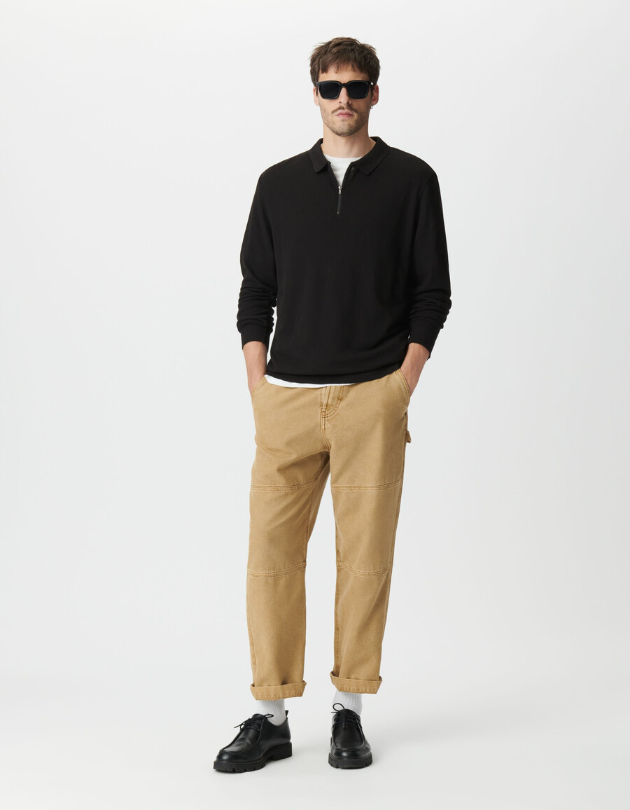 polo de manga larga de punto piqué negro para hombre