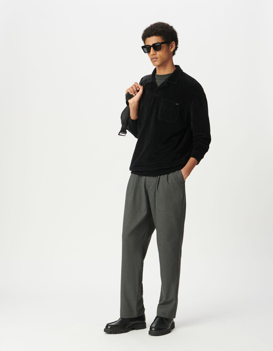 polo de manga larga de punto de terciopelo negro para hombre