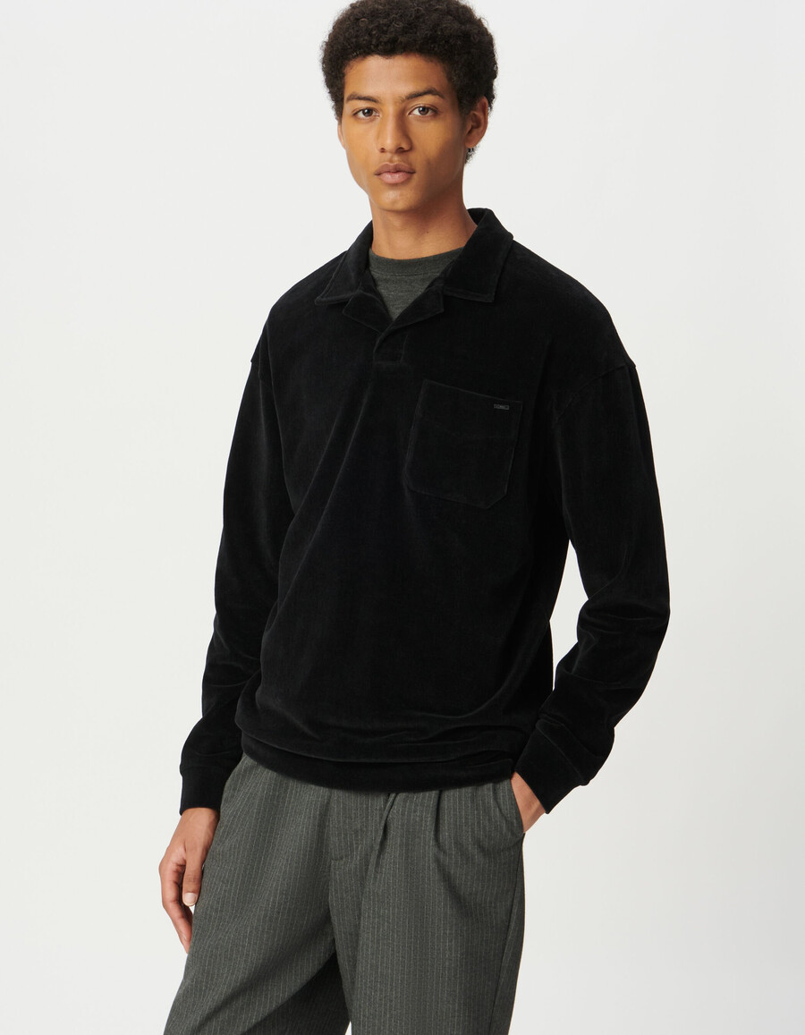 polo de manga larga de punto de terciopelo negro para hombre