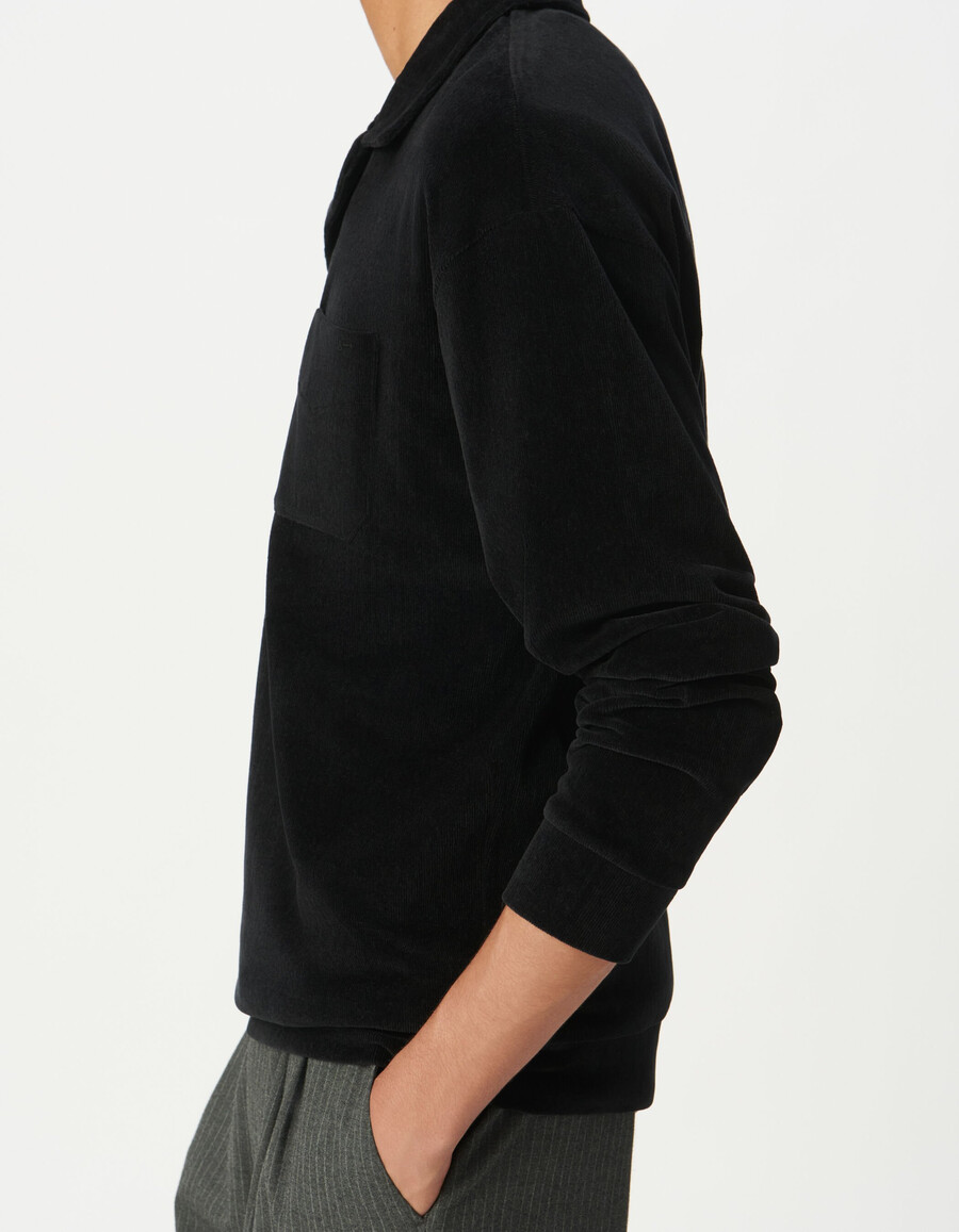 polo de manga larga de punto de terciopelo negro para hombre