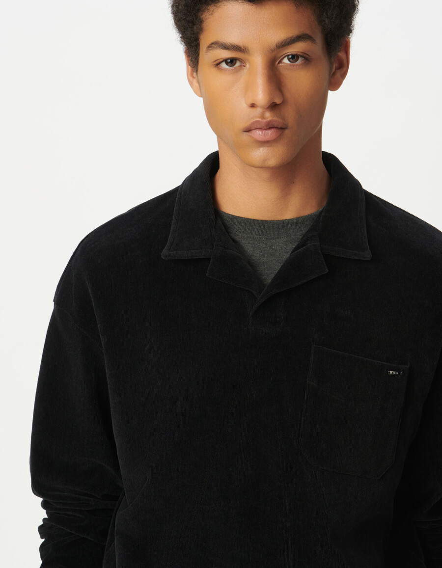 polo de manga larga de punto de terciopelo negro para hombre